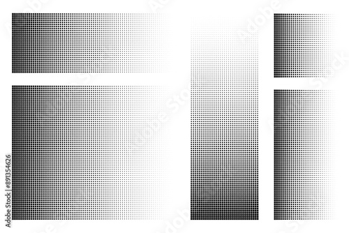 Pixel dot pattern. Pixelated disintegration background. Dispersed dotted mosaic textures with simple square particles and decay effect. Abstract black vector set isolated on white.