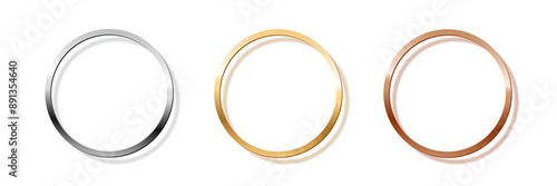 Gold, silver, bronze circle award frames 3d vector realistic illustration. First, second, third place medals isolated on white background. Winners trophy. Blank shiny badge, banner, label.