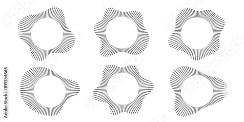 Circular sound waves. Abstract circular lines pattern. Music audio bursts. Ring of thin rays with wavy silhouette. Radial spectrum design. Geometric waveform vector illustration isolated on white.