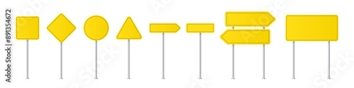 Road traffic signs of different shapes on metal poles vector illustration set. 3d realistic yellow blank street signboards. Isolated empty roadside signposts to notice information, danger, guide.