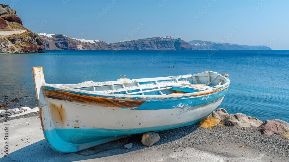 A leisurely life setting with an old, retired boat in Santorini, Greece. A leisurely life setting with an old, retired boat in Santorini, Greece.