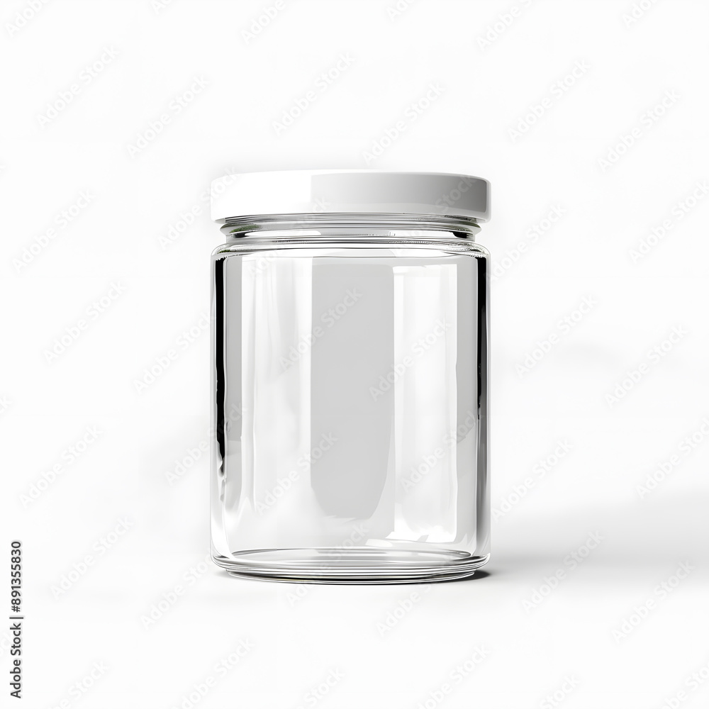 Empty glass jar with white metal lid mock up isolated on white background Empty glass jar with white metal lid mock up isolated on white background