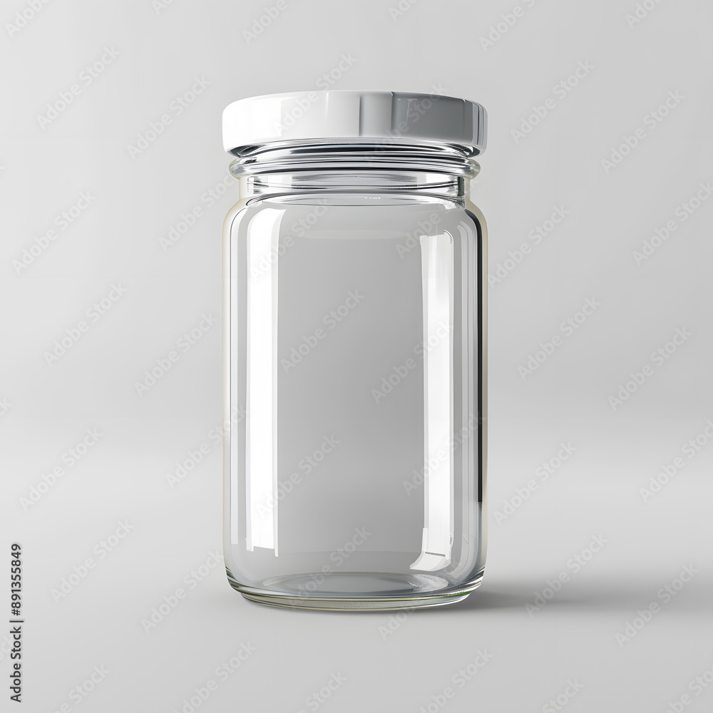 Empty glass jar with white metal lid mock up isolated on white background Empty glass jar with white metal lid mock up isolated on white background
