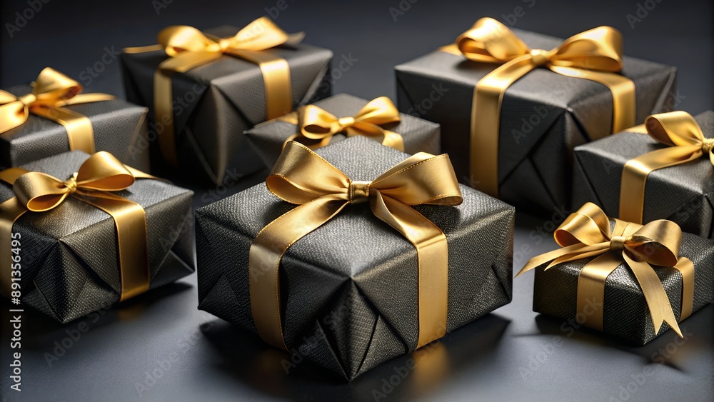 Black gift boxes wrapped with gold ribbon on dark background Black gift boxes wrapped with gold ribbon on dark background