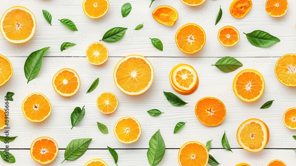 A flat lay of fresh orange slices and leaves arranged on a white wooden background SEAMLESS PATTERN A flat lay of fresh orange slices and leaves arranged on a white wooden background SEAMLESS PATTERN