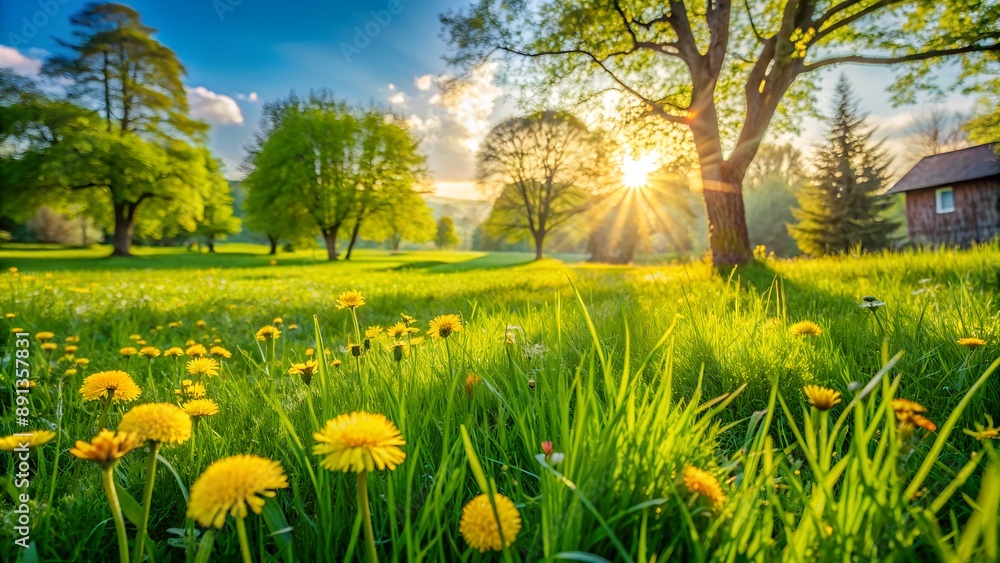 Sun shining through trees on field of dandelions in springtime Sun shining through trees on field of dandelions in springtime