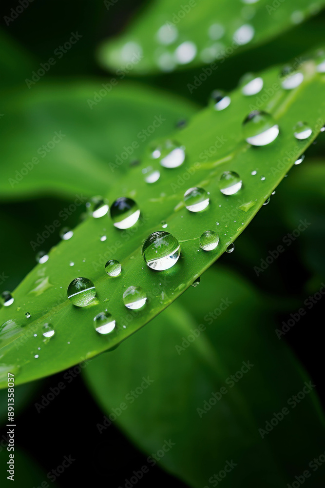 Refreshing and Tranquil Dewdrops Resting Gracefully on a Lush and Vivid Green Leaf Refreshing and Tranquil Dewdrops Resting Gracefully on a Lush and Vivid Green Leaf