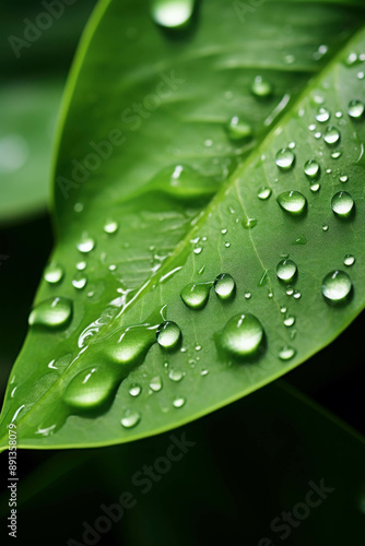 Refreshing and Tranquil Dewdrops Resting Gracefully on a Lush and Vivid Green Leaf © Gun