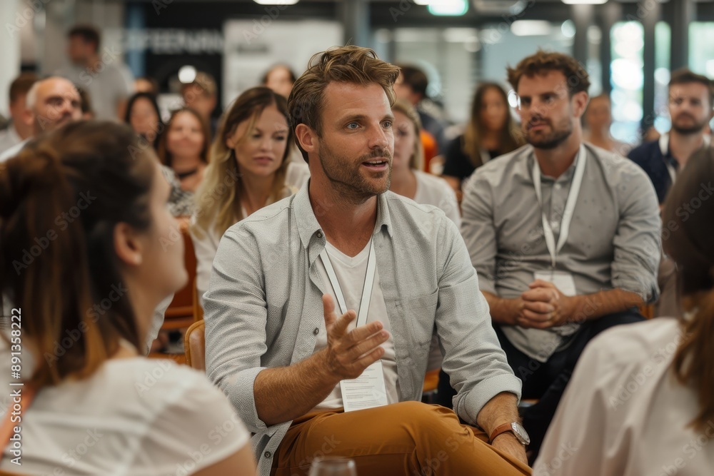 A man, deeply engaged and attentive, poses a question during a lively group discussion while seated at a seminar, surrounded by others showing active participation. A man, deeply engaged and attentive, poses a question during a lively group discussion while seated at a seminar, surrounded by others showing active participation.