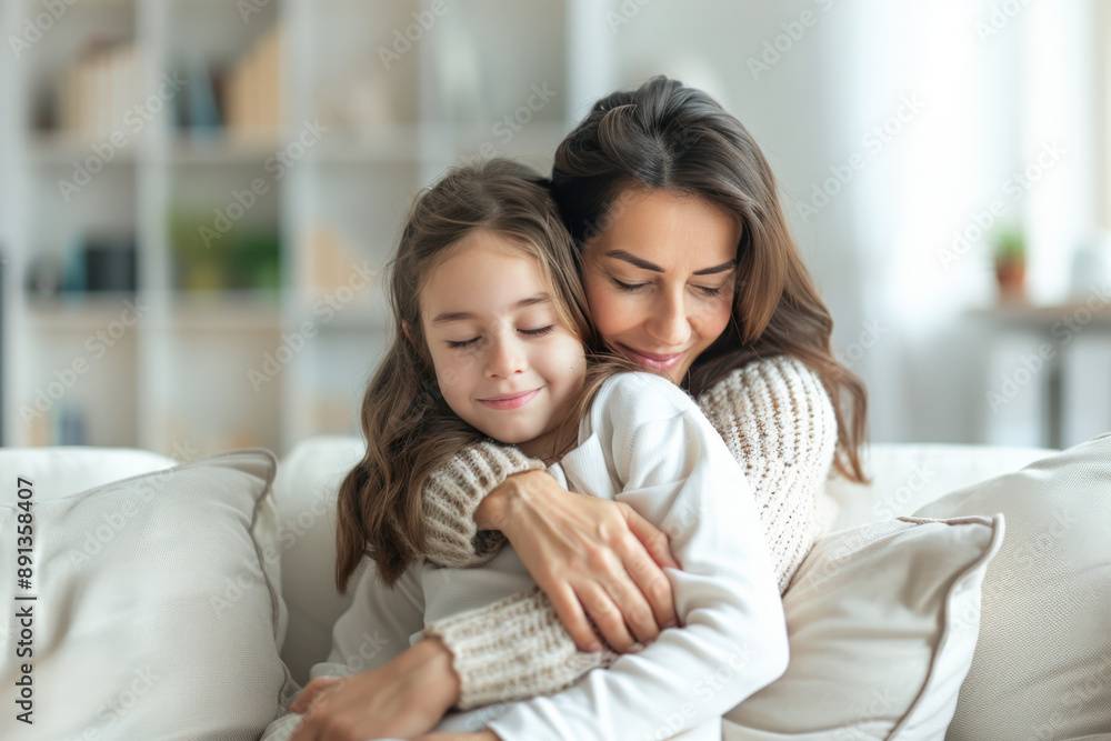 Mother and daughter are enjoying a peaceful moment of connection on their sofa, their eyes closed as they embrace Mother and daughter are enjoying a peaceful moment of connection on their sofa, their eyes closed as they embrace