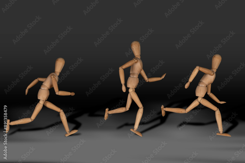 Wooden puppet doll, running marionette. Concept of emotional manipulation, world conspiracy theories Wooden puppet doll, running marionette. Concept of emotional manipulation, world conspiracy theories