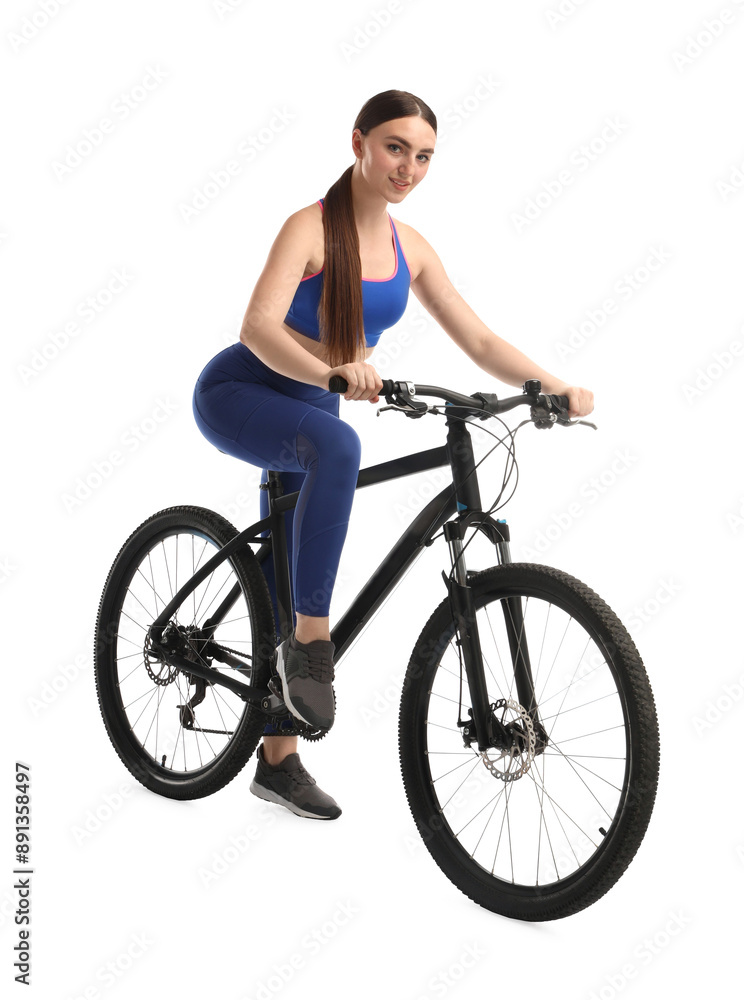 Smiling woman riding bicycle on white background Smiling woman riding bicycle on white background