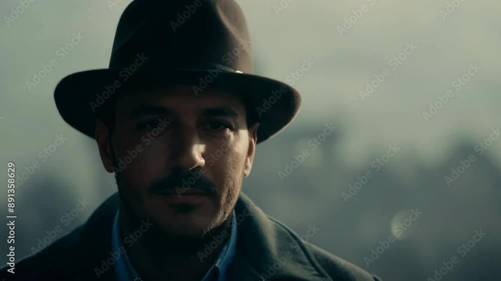 Intense close-up of detective in fedora looking off-camera at dusk Intense close-up of detective in fedora looking off-camera at dusk