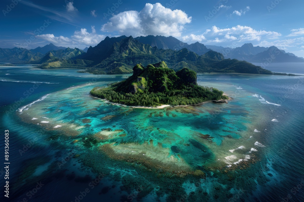 Fototapeta premium An aerial image captures a picturesque, mountainous island with rolling hills and lush greenery, surrounded by blue ocean waters and distant islands under a bright sky.