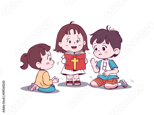 child holding bible with friends cartoon kids illustration religious christian