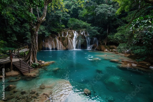 A tropical waterfall cascading into a turquoise pool set in a dense forest, with lush trees and vibrant greenery, creating a paradise-like serene natural setting.