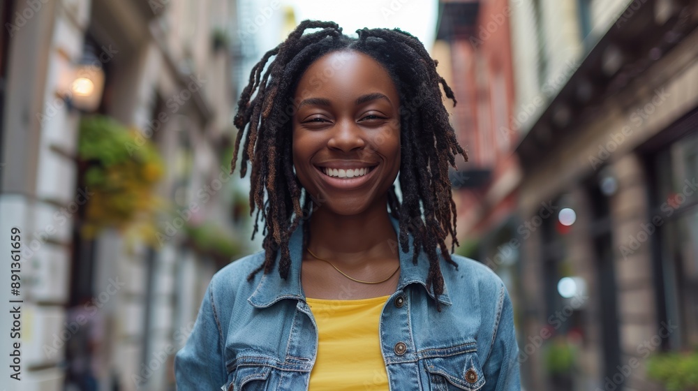 A woman with dreadlocks is smiling and wearing a yellow shirt and blue jacket