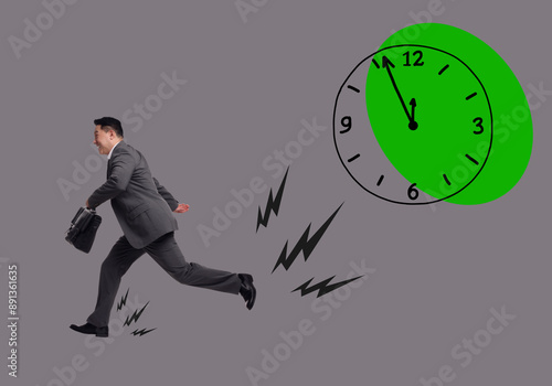 Businessman running away from illustration of clock on grey background. Time concept