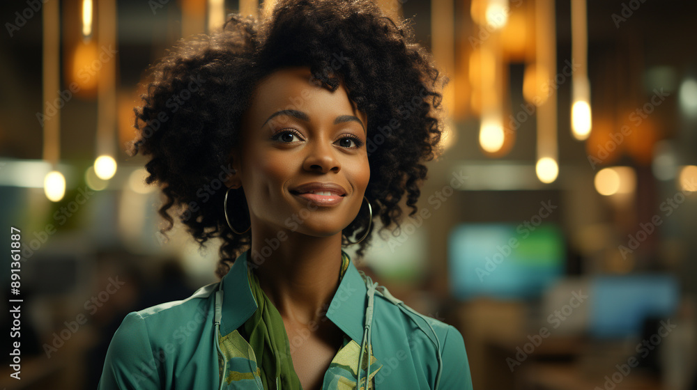 Portrait of a pretty black woman, dark skinned, with short black afro hair, smiling and beautiful, in the office, businesswoman in elegant green suit, female entrepreneur, generative AI Portrait of a pretty black woman, dark skinned, with short black afro hair, smiling and beautiful, in the office, businesswoman in elegant green suit, female entrepreneur, generative AI