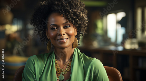 Senior, beautiful and healthy African American woman wearing elegant green suit and green accessories, working in office, generative AI