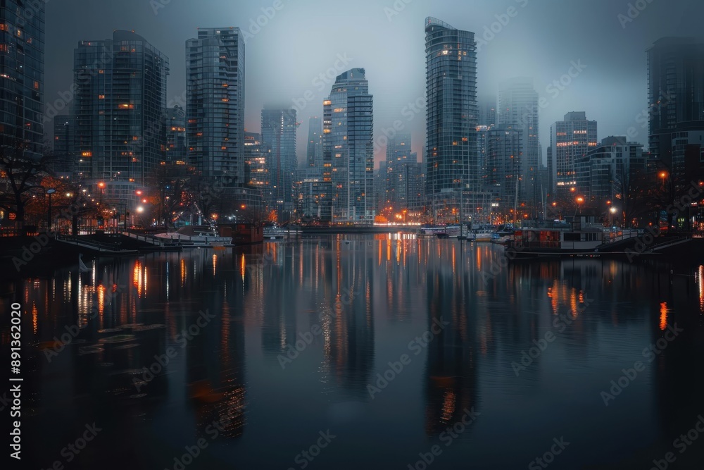 Fototapeta premium A foggy urban cityscape features skyscrapers reflecting in a calm body of water, with evening lights illuminating the scene, creating a tranquil and mysterious atmosphere.