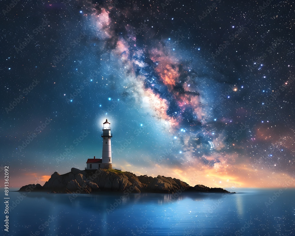 Lighthouse in the middle of an island surrounded by starry, milky way, and night sky Lighthouse in the middle of an island surrounded by starry, milky way, and night sky