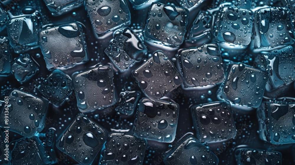 Close-up view of numerous ice cubes with water droplets on them, creating a pattern of blue hues and reflective surfaces Close-up view of numerous ice cubes with water droplets on them, creating a pattern of blue hues and reflective surfaces