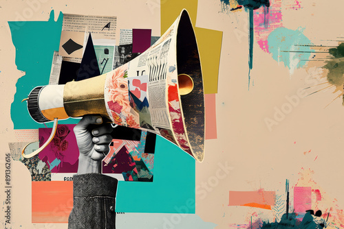 Contemporary art collage, Hand holding a megaphone decorated with various paper cutouts, conveying a message through a modern art collage © Running opossum