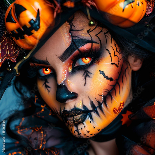 Scary Halloween makeup for woman, painted face photo