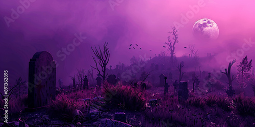 Spooky Halloween illustration, cemetery on purple background in cartoon style