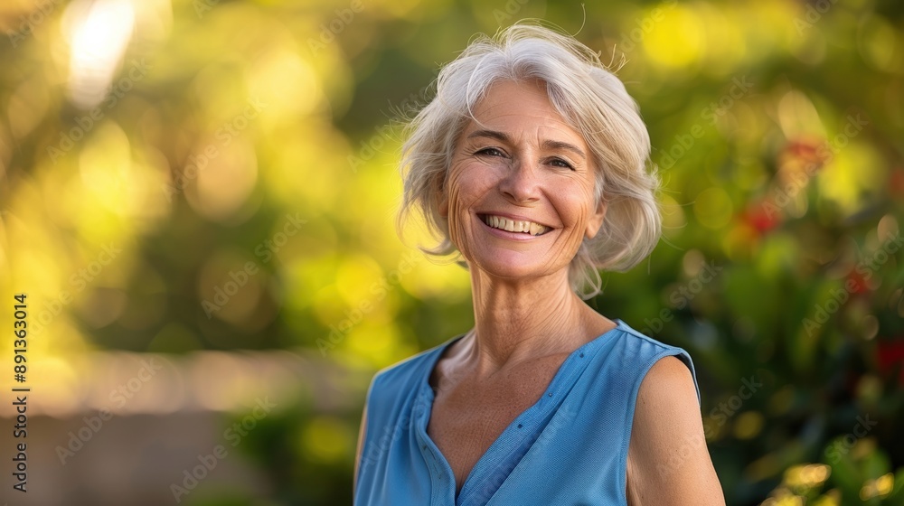 A woman with a blue shirt is smiling and looking at the camera A woman with a blue shirt is smiling and looking at the camera