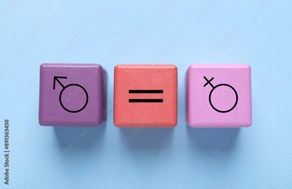 Cube with equals sign between female and male gender symbols on light blue background, top view Cube with equals sign between female and male gender symbols on light blue background, top view