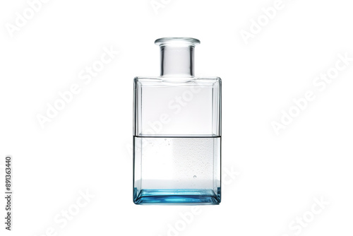 A Clear Glass Bottle With a Blue Base Partially Filled With Water on a Clear PNG or White Background.