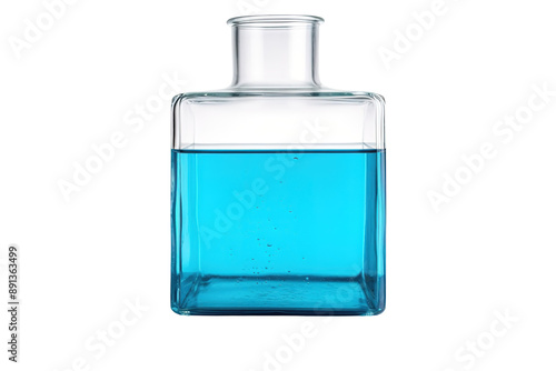 A Square Glass Bottle Filled With Turquoise Liquid Against a White Background on a Clear PNG or White Background.