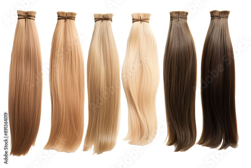 Six Sleek Streaks Of Straight Hair Extensions In Various Shades on a Clear PNG or White Background.