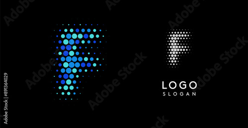 Abstract letter F logo with blue gradient dots, modern minimalist design. Ideal for business branding, corporate identity, tech companies. Stylish and professional symbol. Vector illustration.