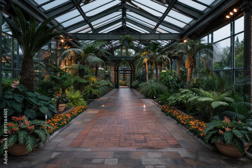 An elegant indoor pathway lined with tropical plants and brick flooring, offering a combination of natural beauty and architectural sophistication for a serene experience. An elegant indoor pathway lined with tropical plants and brick flooring, offering a combination of natural beauty and architectural sophistication for a serene experience.