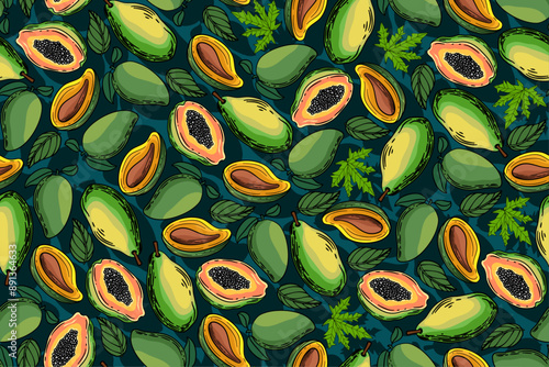 seamless pattern mango and papaya vector drawing