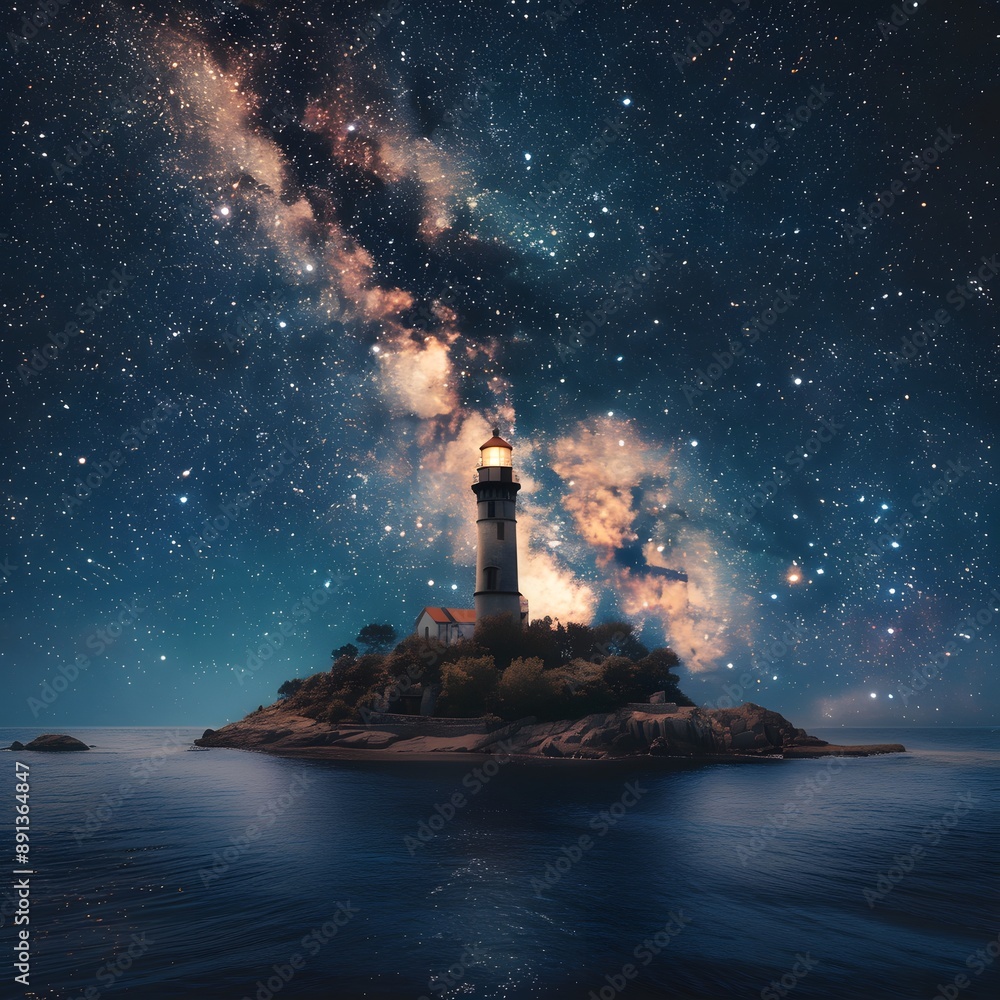 Fototapeta premium Lighthouse in the middle of an island surrounded by starry, milky way, and night sky
