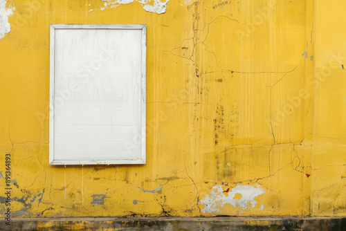 horizontal image of a blank white poster hanging on a worn yellow concrete wall, mockup space