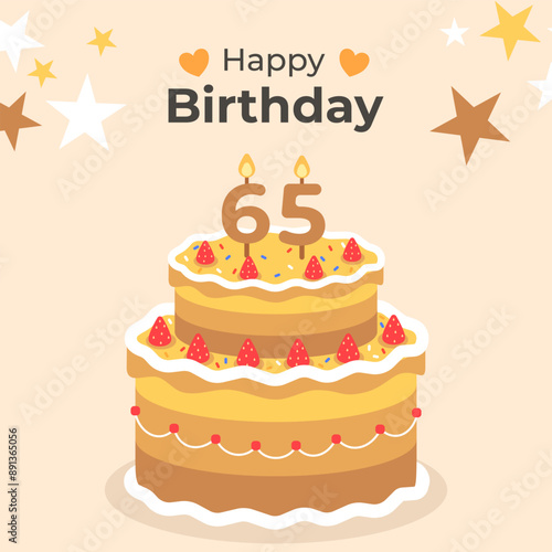 Cake poster design for birthday cake congratulations 65 years old birthday. Festive cake for birthday