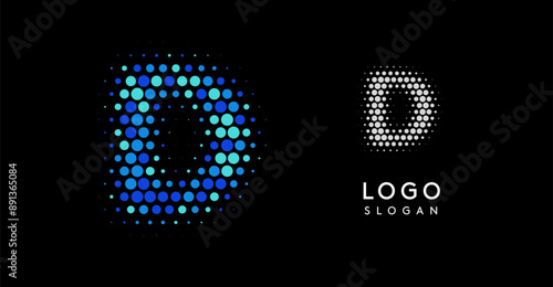 Abstract letter D logo with blue gradient dots, modern minimalist logotype design for business branding, corporate identity, tech companies. Stylish and professional symbol. Vector illustration