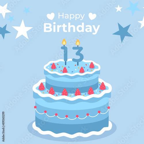 Cake poster design for birthday cake congratulations 13 years old birthday. Festive cake for birthday