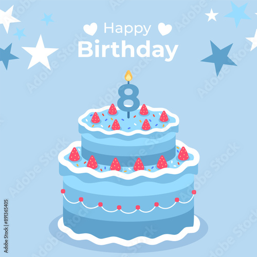 Cake poster design for birthday cake congratulations 8 years old birthday. Festive cake for birthday