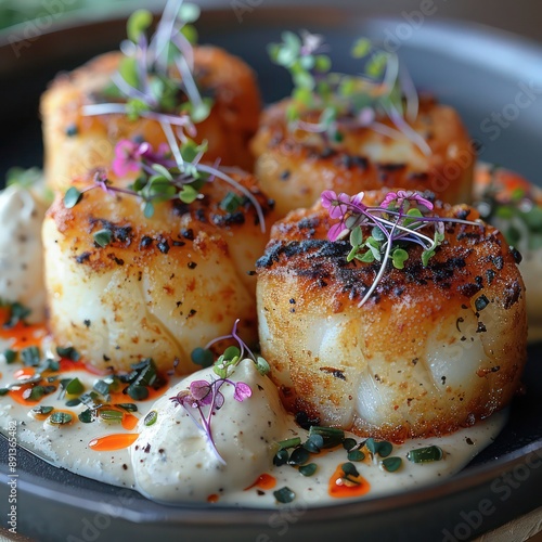 fine dining at it's best, a plate of Crab cakes with remoulade and microgreens photo