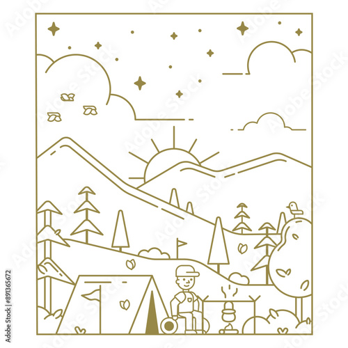Line illustration of a campground against a mountain background for a t-shirt print. Illustration for clothing print.
