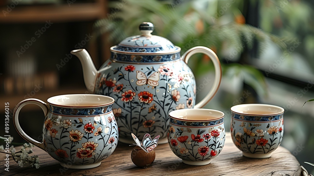 Table with teapot, coffee pot, and two cups. Table with teapot, coffee pot, and two cups.