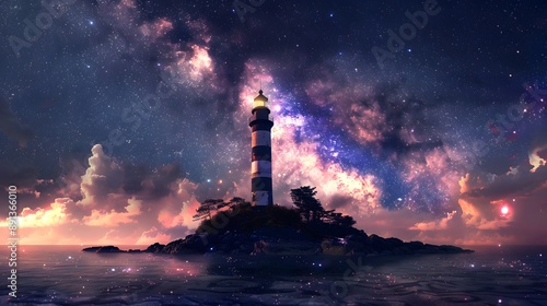 Lighthouse in the middle of an island surrounded by starry, milky way, and night sky