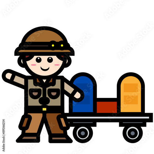
archaeological man carrying a trolley