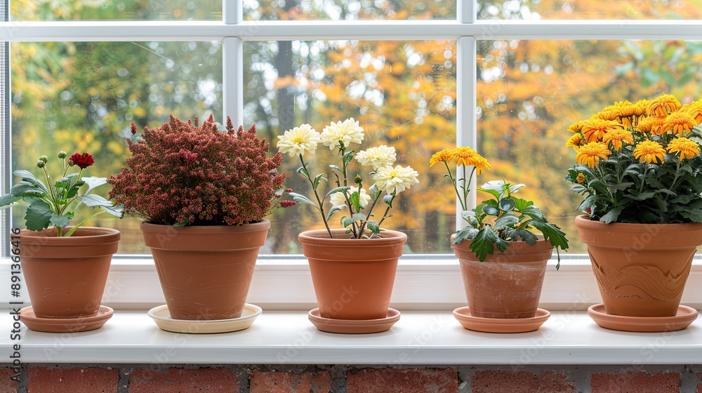 potted plants sit on a windowsill, illuminated by natural light. The plants are in various shades of purple, yellow, and white. potted plants sit on a windowsill, illuminated by natural light. The plants are in various shades of purple, yellow, and white.
